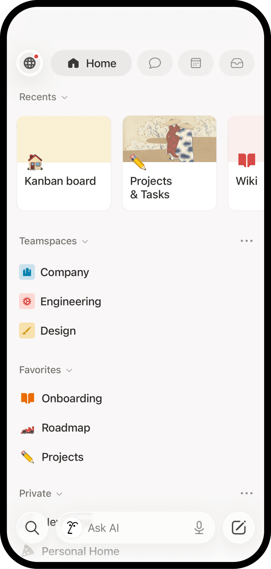 Una schermata di Notion su dispositivo mobile