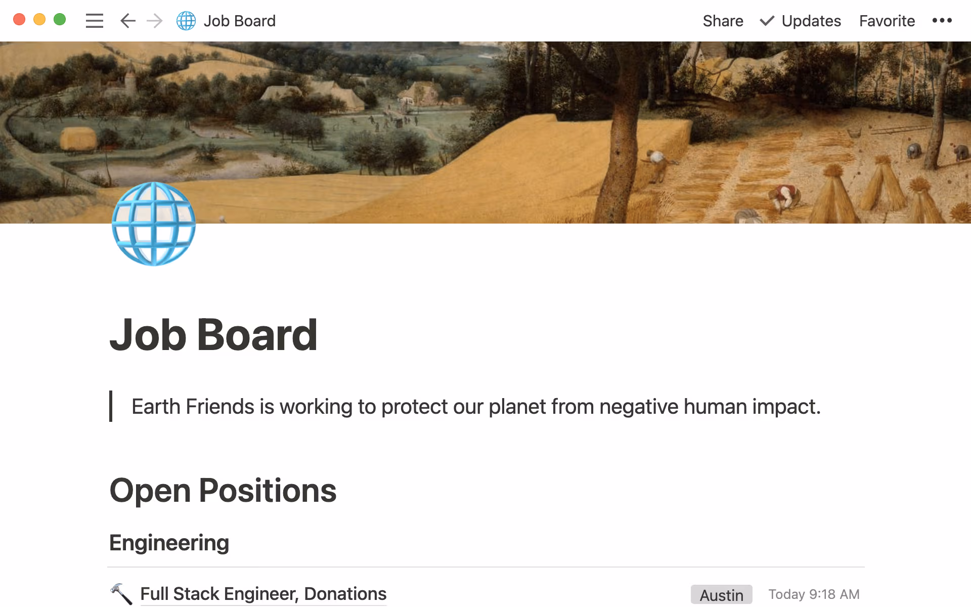 Dokumen papan lowongan kerja yang menampilkan berbagai posisi di organisasi nirlaba beserta lokasi masing-masing.
