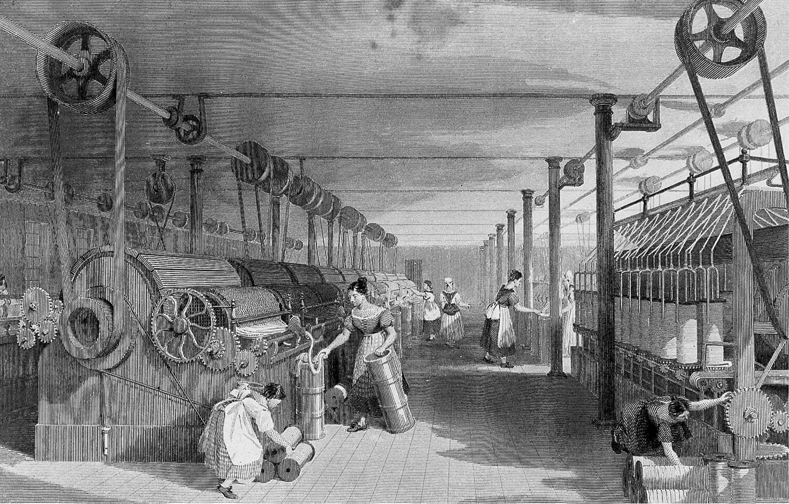 This 1835 engraving by Thomas Allom depicts a textile factory in Lancashire, UK. It was powered by steam engines.