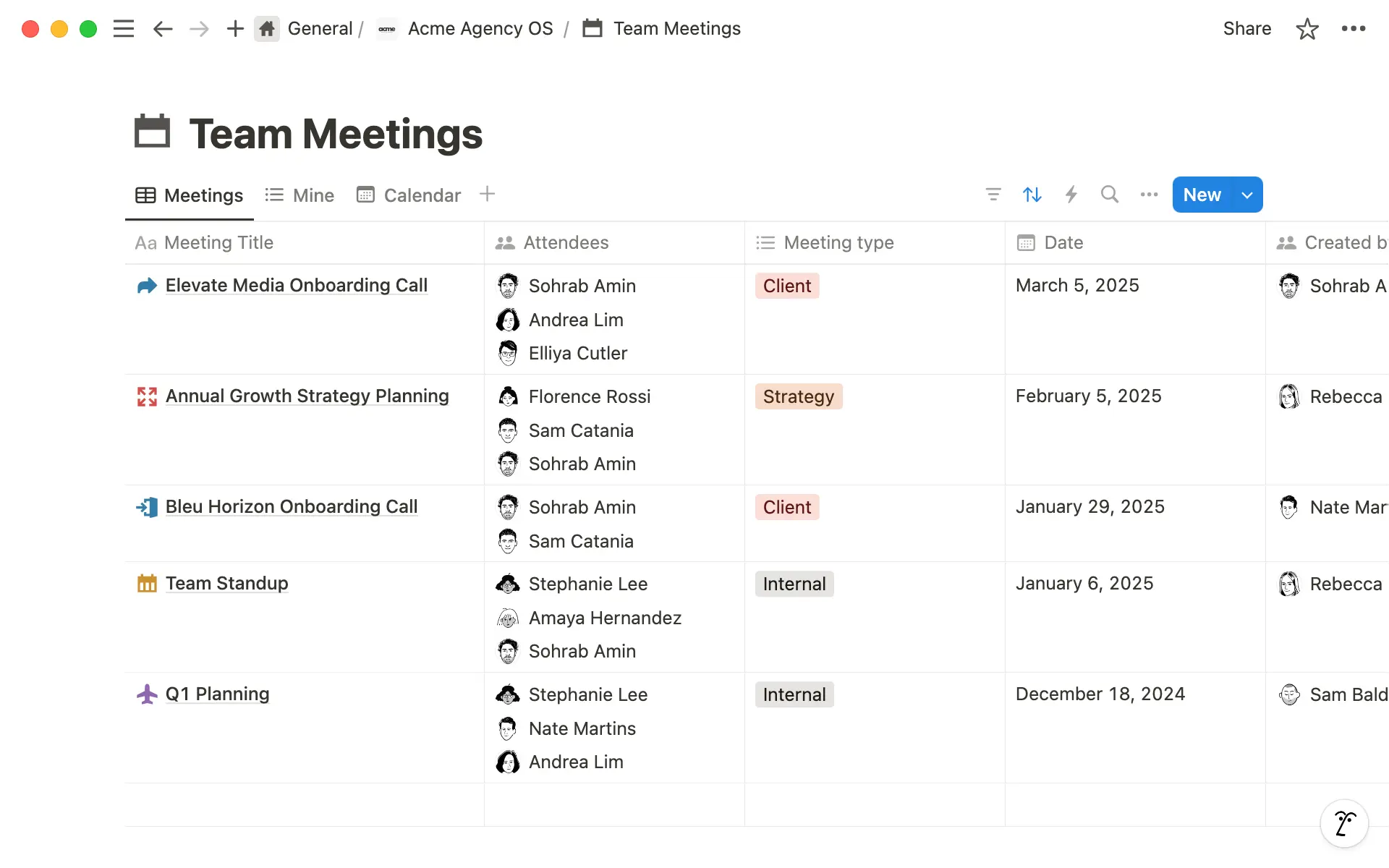 Track internal meetings and client calls with a meeting notes database.