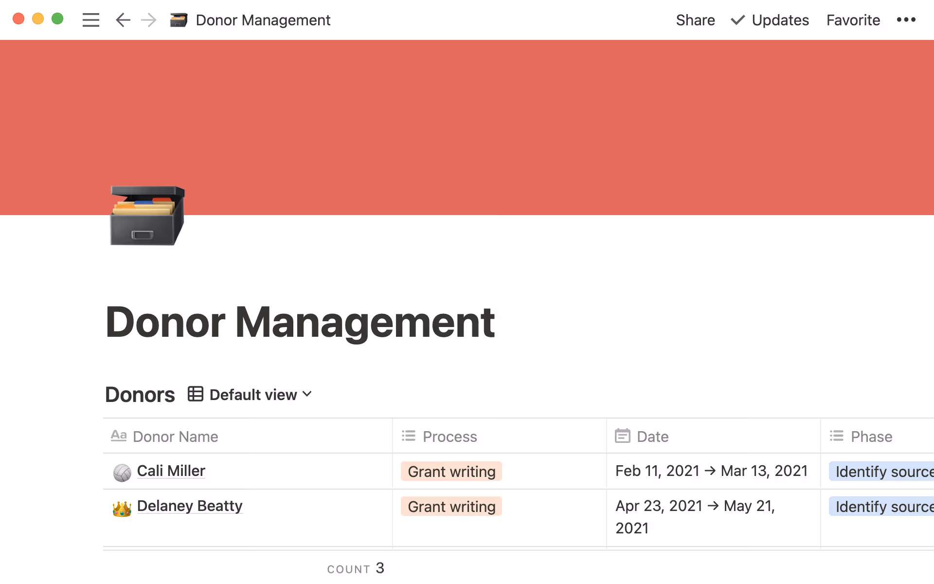 Tampilan database dokumen manajemen donatur yang menampilkan berbagai donatur beserta informasi masing-masing.