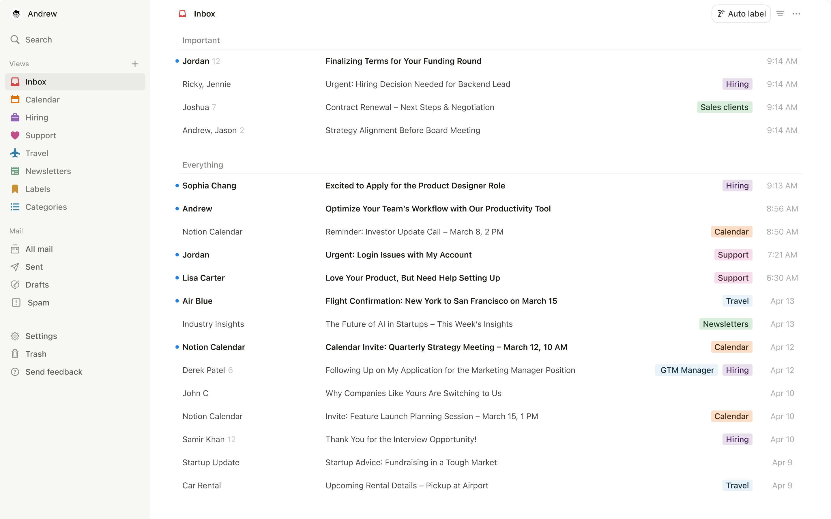 ภาพหน้าจอของ Notion Mail บนเดสก์ท็อป
